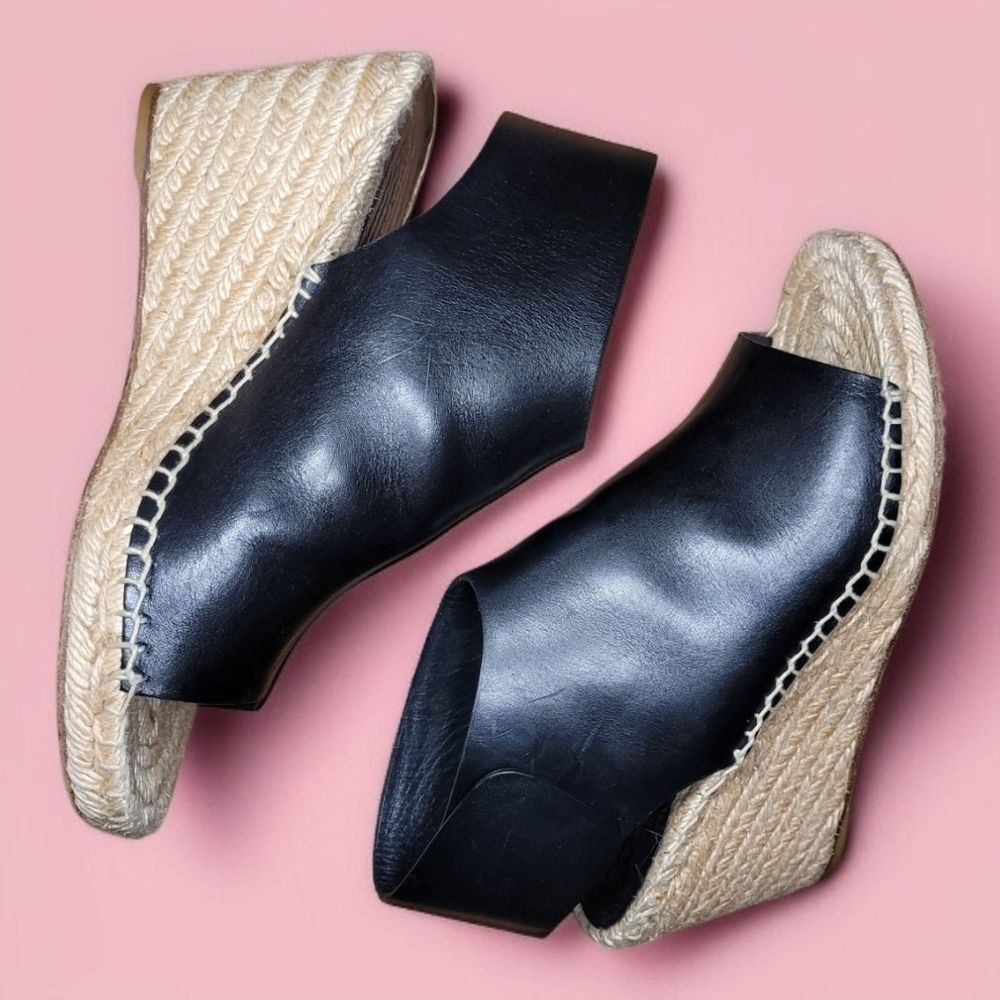 Celine Paris French Girl Crosta Fossil Black Leather Espadrille Wedge Sandals - Picture 2 of 9